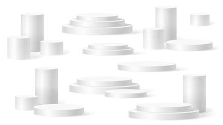 Cylinder podium scene, winner pedestal. White cylinder template for showroom podium scene. Vector white pedestal for product presentation.のイラスト素材