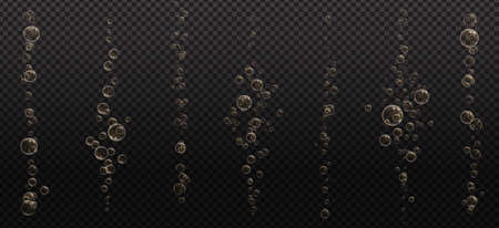 Gold fizzy bubbles. Sparkles champagne. Fizzy pop and effervescent drink. Abstract fresh soda and air bubbles, oxygen, champagne crystal. Vector illustration on black transparent background.のイラスト素材