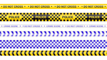 Police tape, crime danger line. Caution police lines isolated. Warning barricade tapes. Set of warning ribbons. Vector illustration on white background.のイラスト素材