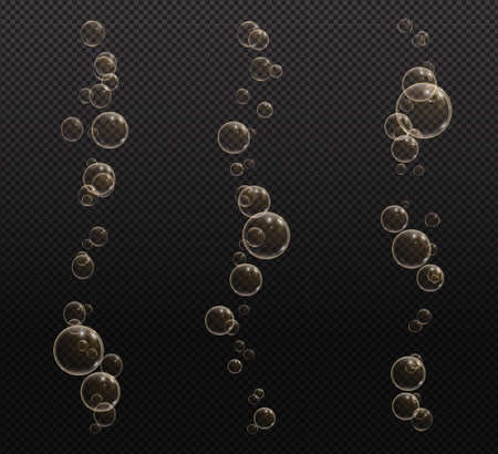 Gold fizzy bubbles. Sparkles champagne. Fizzy pop and effervescent drink. Abstract fresh soda and air bubbles, oxygen, champagne crystal. Vector illustration on black transparent background.のイラスト素材