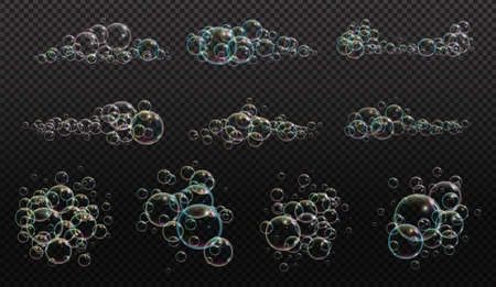 Bath foam soap with neon bubbles isolated vector illustration on transparent background. Colorful cloud of blowing bubbles and soapy foam. Set of cloud.の写真素材