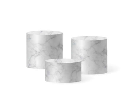 Marble cylinder podium scene, winner pedestal. White marble cylinder template for showroom podium scene. Vector white pedestal for product presentation.の写真素材