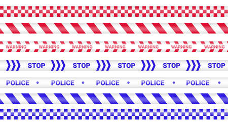 Police tape, crime danger line. Caution police lines isolated. Warning barricade tapes. Set of warning ribbons. Vector illustration on white background.のイラスト素材
