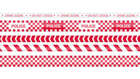 Police tape, crime danger line. Caution police lines isolated. Warning barricade tapes. Set of red warning ribbons. Vector illustration.のイラスト素材