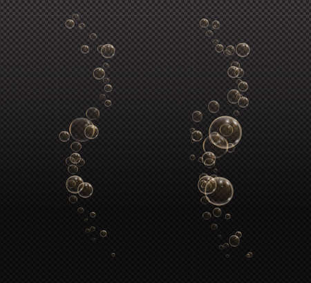Gold fizzy bubbles. Sparkles champagne. Fizzy pop and effervescent drink. Abstract fresh soda and air bubbles, oxygen, champagne crystal. Vector illustration on black transparent background.のイラスト素材