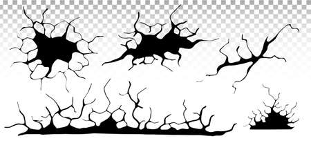 Ground cracks set. Earthquake and ground cracks, hole effect, craquelure and damaged wall texture. Vector illustrations earthquake, crash, destructionのイラスト素材