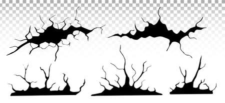 Ground cracks set. Earthquake and ground cracks, hole effect, craquelure and damaged wall texture. Vector illustrations earthquake, crash, destruction.のイラスト素材