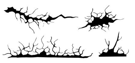 Ground cracks set. Earthquake and ground cracks, hole effect, craquelure and damaged wall texture. Vector illustrations earthquake, crash, destruction.のイラスト素材
