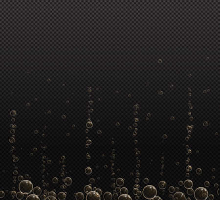 Gold fizzy bubbles. Sparkles champagne. Fizzy pop and effervescent drink. Abstract fresh soda and air bubbles, oxygen, champagne crystal. Vector illustration on black transparent background.のイラスト素材