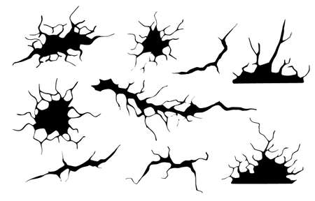 Ground cracks set. Earthquake and ground cracks, hole effect, craquelure and damaged wall texture. Vector illustrations earthquake, crash, destructionのイラスト素材