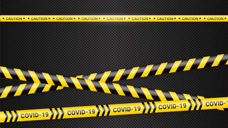 Quarantine danger tape. Covid 19 and quarantine zone yellow warning tape. Coronavirus covid danger stripe on dark transparent background. Safety warning yellow black stripesのイラスト素材