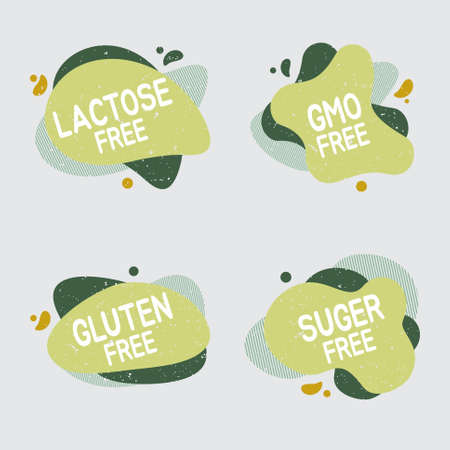 Lactose free icon set. Food badge contains no lactose label for healthy dairy food product package. Vector signs for packaging design, cafe, restaurant badges, tags.のイラスト素材