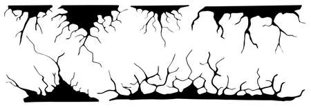 Ground cracks set. Earthquake and ground cracks, hole effect, craquelure and damaged wall texture. Vector illustrations earthquake, crash, destruction.のイラスト素材