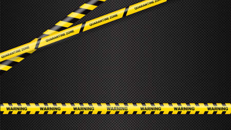 Quarantine danger tape. Covid 19 and quarantine zone yellow warning tape. Coronavirus covid danger stripe on dark transparent background. Safety warning yellow black stripes.のイラスト素材