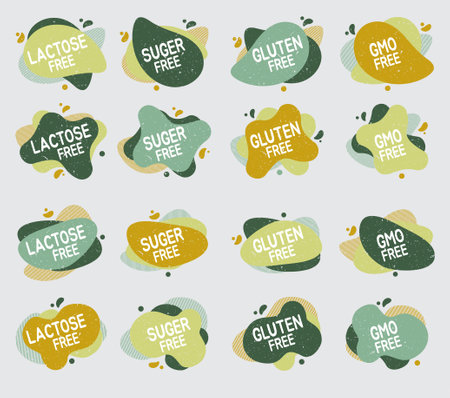 Set of allergen free badges. Lactose, gluten, sugar and GMO free. Vector signs of allergen contant for packaging design, cafe, restaurant badges, tags.のイラスト素材