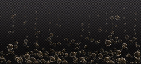Gold fizzy bubbles. Sparkles champagne. Fizzy pop and effervescent drink. Abstract fresh soda and air bubbles, oxygen, champagne crystal. Vector illustration on black transparent background.のイラスト素材