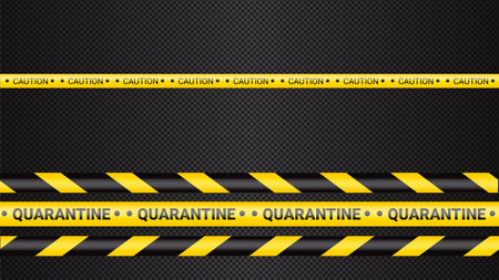 Quarantine danger tape. Covid 19 and quarantine zone yellow warning tape. Coronavirus covid danger stripe on dark transparent background. Safety warning yellow black stripes.のイラスト素材