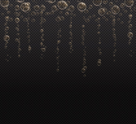 Gold fizzy bubbles. Sparkles champagne. Fizzy pop and effervescent drink. Abstract fresh soda and air bubbles, oxygen, champagne crystal. Vector illustration on black transparent background.のイラスト素材