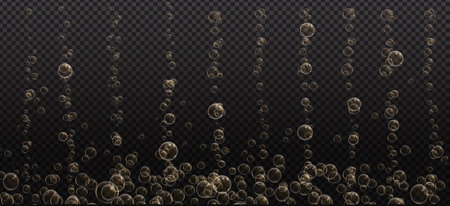 Gold fizzy bubbles. Sparkles champagne. Fizzy pop and effervescent drink. Abstract fresh soda and air bubbles, oxygen, champagne crystal. Vector illustration on black transparent background.のイラスト素材