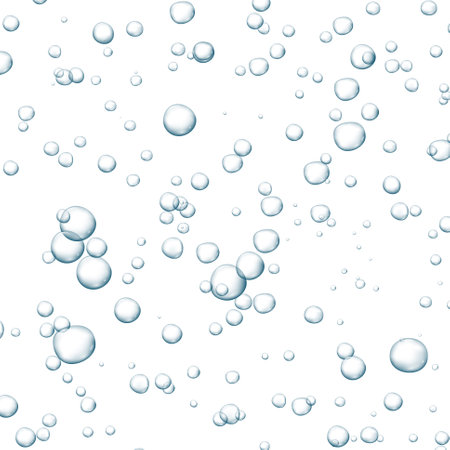 Blue fizzy bubbles. Sparkles underwater stream in water, sea, aquarium. Fizzy pop and effervescent drink. Abstract fresh soda bubbles. Vector illustration.のイラスト素材