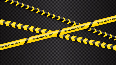 Quarantine danger tape. Covid 19 and quarantine zone yellow warning tape. Coronavirus covid danger stripe on dark transparent background. Safety warning yellow black stripes.のイラスト素材