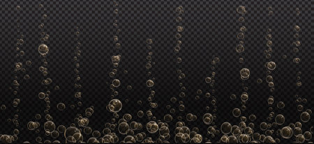 Gold fizzy bubbles. Sparkles champagne. Fizzy pop and effervescent drink. Abstract fresh soda and air bubbles, oxygen, champagne crystal. Vector illustration on black transparent background.のイラスト素材