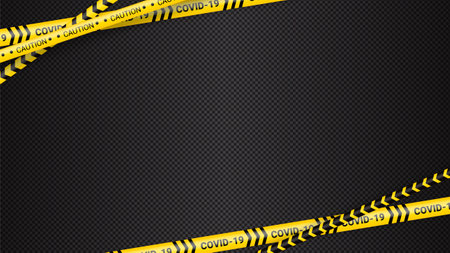 Quarantine danger tape. Covid 19 and quarantine zone yellow warning tape. Coronavirus covid danger stripe on dark transparent background. Safety warning yellow black stripes.のイラスト素材
