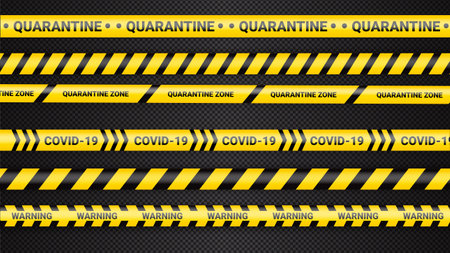 Quarantine danger tape. Covid 19 and quarantine zone yellow warning tape. Coronavirus covid danger stripe on dark transparent background. Safety warning yellow black stripes.のイラスト素材