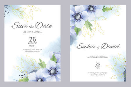 Watercolor wedding invitation cards. Floral poster, invite. Elegant wedding invitation with watercolor blue and gold floral elements.の写真素材
