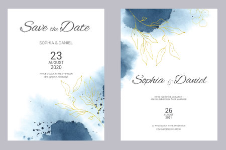 Watercolor wedding invitation cards. Floral poster, invite. Elegant wedding invitation with watercolor splash and gold floral elements.の写真素材