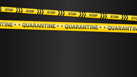 Quarantine danger tape. Covid 19 and quarantine zone yellow warning tape. Coronavirus covid danger stripe on dark transparent background. Safety warning yellow black stripes.のイラスト素材