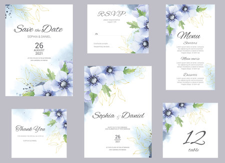 Watercolor wedding invitation cards. Floral poster, invite. Elegant wedding invitation with watercolor blue and gold floral elements.の写真素材