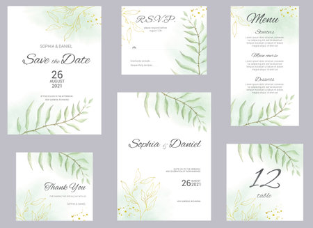Watercolor wedding invitation cards. Greenery poster, invite. Elegant wedding invitation with watercolor green and gold floral elements.の写真素材