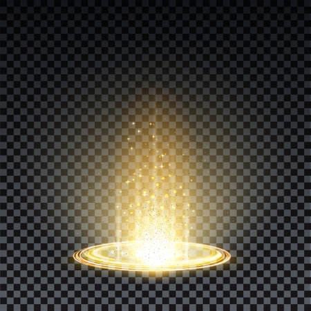 Gold hologram portal. Magic fantasy portal. Magic circle teleport podium with hologram effect. Vector gold glow rays with sparks on transparent background.のイラスト素材