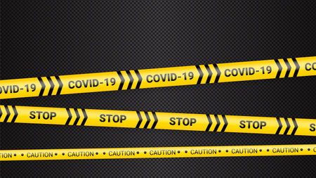Quarantine danger tape. Covid 19 and quarantine zone yellow warning tape. Coronavirus covid danger stripe on dark transparent background. Safety warning yellow black stripes.のイラスト素材