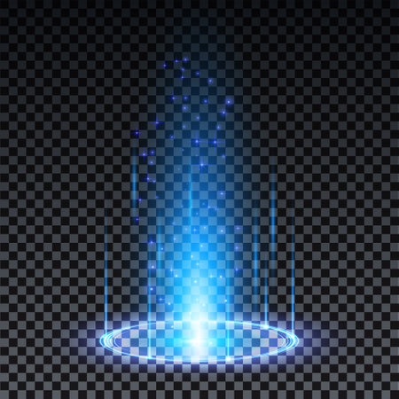 Blue hologram portal. Magic fantasy portal. Magic circle teleport podium with hologram effect. Vector blue glow rays with sparks on transparent background.