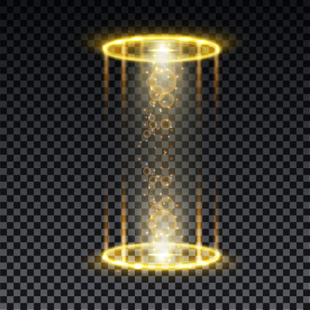 Gold hologram portal. Magic fantasy portal. Magic circle teleport podium with hologram effect. Vector gold glow rays with sparks on transparent background.のイラスト素材