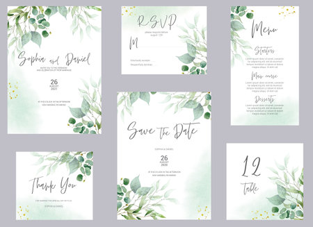 Watercolor wedding invitation cards. Greenery poster, invite. Elegant wedding invitation with watercolor green and gold floral elements.の写真素材