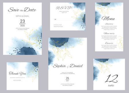 Watercolor wedding invitation cards. Floral poster, invite. Elegant wedding invitation with watercolor splash and gold floral elements.の写真素材