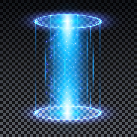 Blue hologram portal. Magic fantasy portal. Magic circle teleport podium with hologram effect. Vector blue glow rays with sparks on transparent background.のイラスト素材