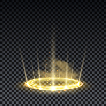 Gold hologram portal. Magic fantasy portal. Magic circle teleport podium with hologram effect. Vector gold glow rays with sparks on transparent background.のイラスト素材