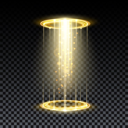 Gold hologram portal. Magic fantasy portal. Magic circle teleport podium with hologram effect. Vector gold glow rays with sparks on transparent background.のイラスト素材