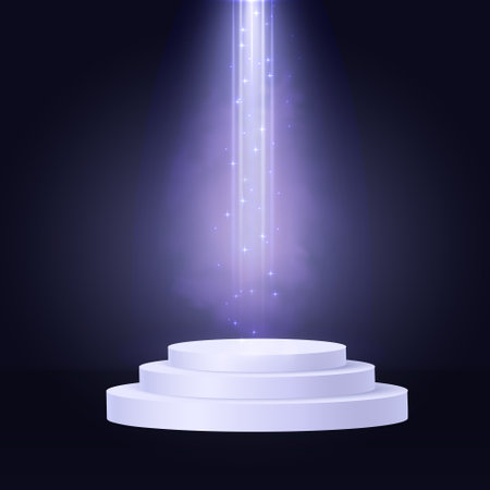 Cylinder podium scene, winner pedestal. White cylinder template for showroom podium scene with spotlight. Bright lighting with violet spotlights of the stage on transparent background.のイラスト素材