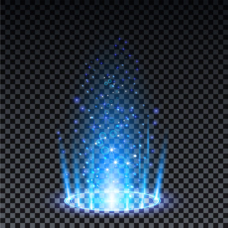 Blue hologram portal. Magic fantasy portal. Magic circle teleport podium with hologram effect. Vector blue glow rays with sparks on transparent background.のイラスト素材