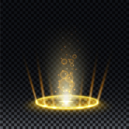 Gold hologram portal. Magic fantasy portal. Magic circle teleport podium with hologram effect. Vector gold glow rays with sparks on transparent background.のイラスト素材
