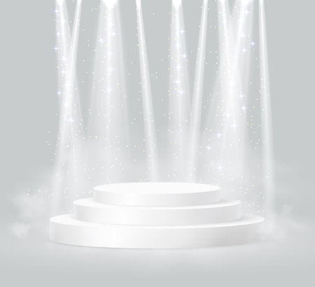 Cylinder podium scene, winner pedestal. White cylinder template for showroom podium scene with spotlight. Bright lighting with spotlights of the stage on grey background.のイラスト素材