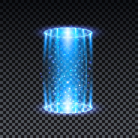 Blue hologram portal. Magic fantasy portal. Magic circle teleport podium with hologram effect. Vector blue glow rays with sparks on transparent background.のイラスト素材
