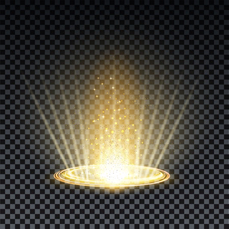 Gold hologram portal. Magic fantasy portal. Magic circle teleport podium with hologram effect. Vector gold glow rays with sparks on transparent background.のイラスト素材