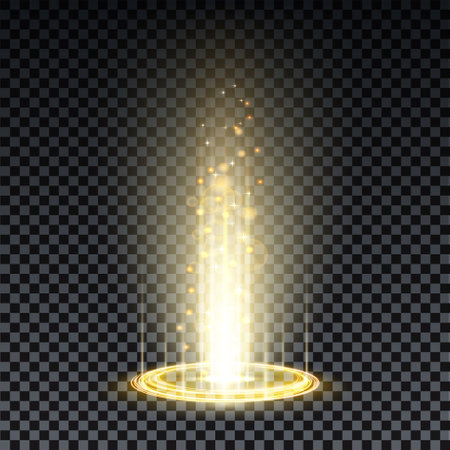 Gold hologram portal. Magic fantasy portal. Magic circle teleport podium with hologram effect. Vector gold glow rays with sparks on transparent background.のイラスト素材