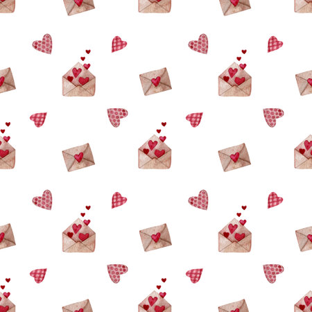 Watercolor seamless pattern with hearts and envelope for Valentine's day. Hearts and ribbons pattern for Valentine's day cards, greeting cards, gifts, t-shirts, mugs, stickers, scrapbooking crafts and design. Watercolor illustration, seamless pattern on white backgroundの写真素材